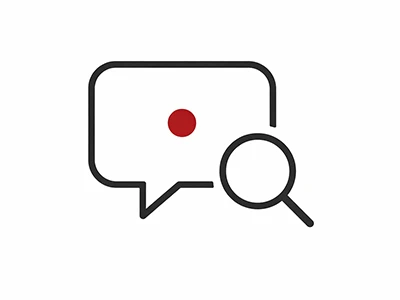 Icon mit Sprechblase, rotem Punkt und Lupe, Symbol für Suche oder Kommunikation im digitalen Kontext.