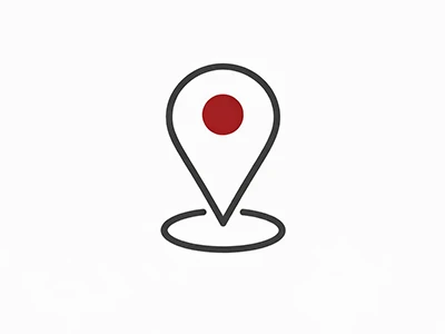 Standort-Symbol auf weißem Hintergrund, schwarz umrandet mit rotem Punkt in der Mitte, repräsentiert Navigations- oder Kartenmarker.