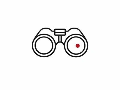 Minimalistisches Fernglas-Symbol mit rotem Punkt, schlichtes Design auf weißem Hintergrund, Symbol für Suche und Entdeckung.