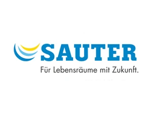 SAUTER Logo mit dem Slogan 'Für Lebensräume mit Zukunft', blau-gelb gestaltet.