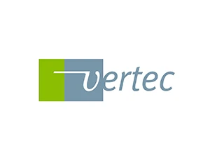 Vertec Logo mit grünem Quadrat und stilisiertem Text in Blau, Unternehmensbranding für Softwarelösungen.