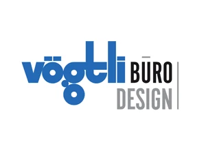 Logo von Vögtli Büro Design in Blau und Grau mit modernem Schriftzug.