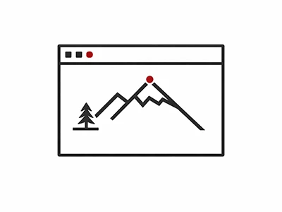Minimalistisches Icon einer Website mit Bergsilhouette und Baum, symbolisiert Landschaftsansicht und Naturthema in digitaler Form.
