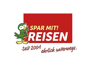Spar mit! Reisen Logo mit grünem Maskottchen und Slogan 'seit 2001 ehrlich unterwegs'
