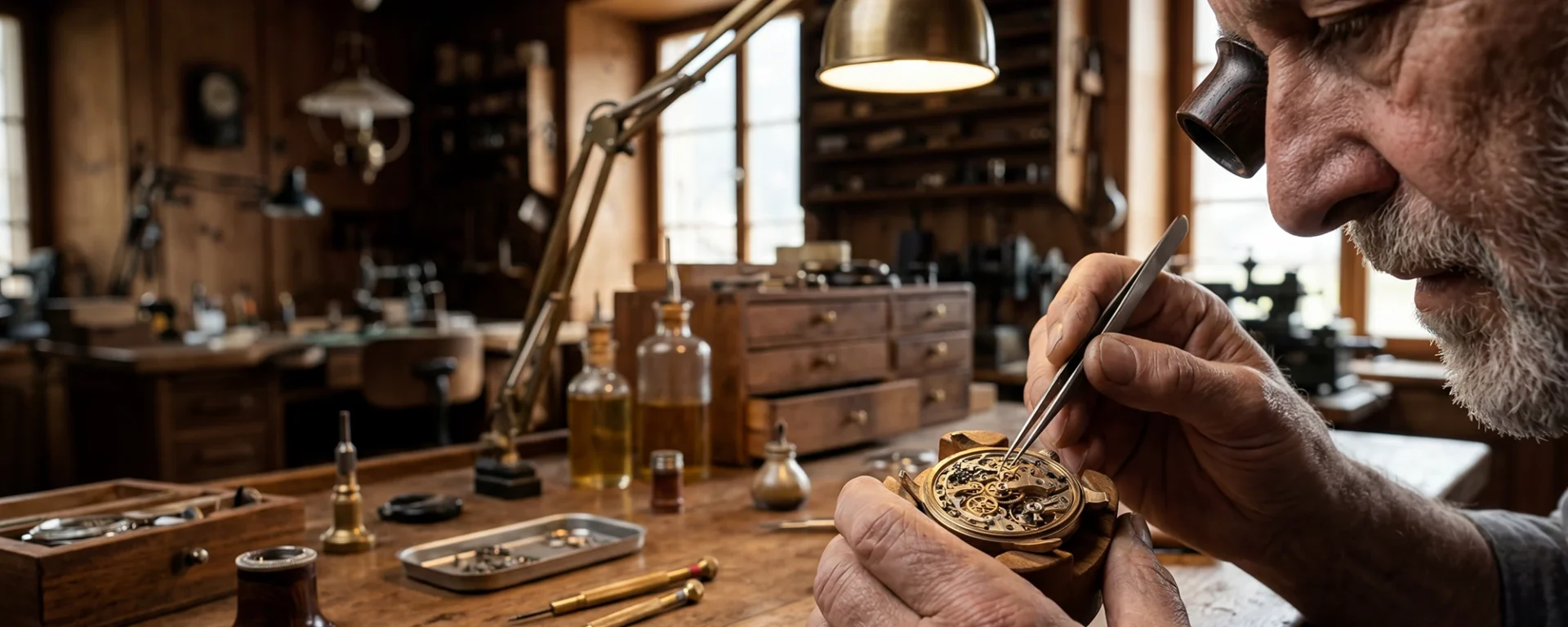 Schweizer Uhrmacher bei der Reparatur einer Uhr, detailreiche Nahaufnahme in traditioneller Werkstattumgebung.
