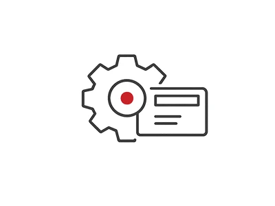 Icon von Zahnrad und Bildschirm mit rotem Punkt, symbolisiert das Setup eines performanten Google Ads Kontos