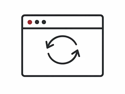 Browserfenster mit Aktualisierungs-Icon, symbolisiert Neuladen und Aktualisierung von Webseiteninhalten, handgezeichnetes Design auf weißem Hintergrund.