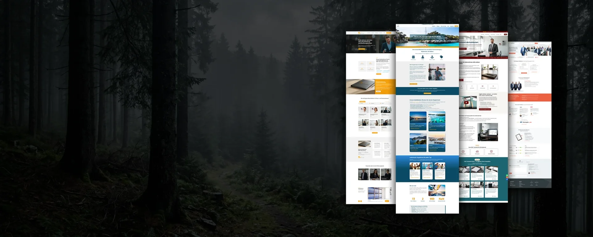Mehrere Webseiten-Layouts vor einem dunklen Waldhintergrund, symbolisieren Vielfalt und Kreativität im Webdesign.