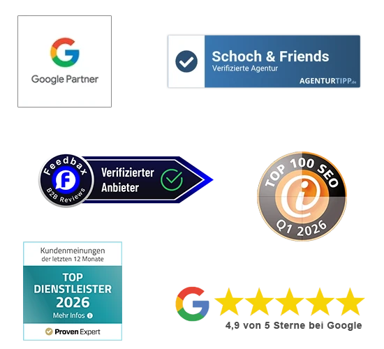 Zertifikate und Auszeichnungen diverser Anbieter, darunter Google Partner und Proven Expert, für herausragende Dienstleistungsqualität.