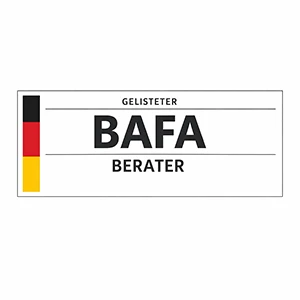 BAFA-Logo mit Deutschlandflagge, Text: Gelisteter BAFA Berater, Symbol für zertifizierte Beratung