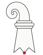 Wappen von Basel mit stilisiertem Bischofsstab in Schwarz-Weiß und rotem Punkt, Symbol für die Stadt bzw. Region Basel in der Schweiz.