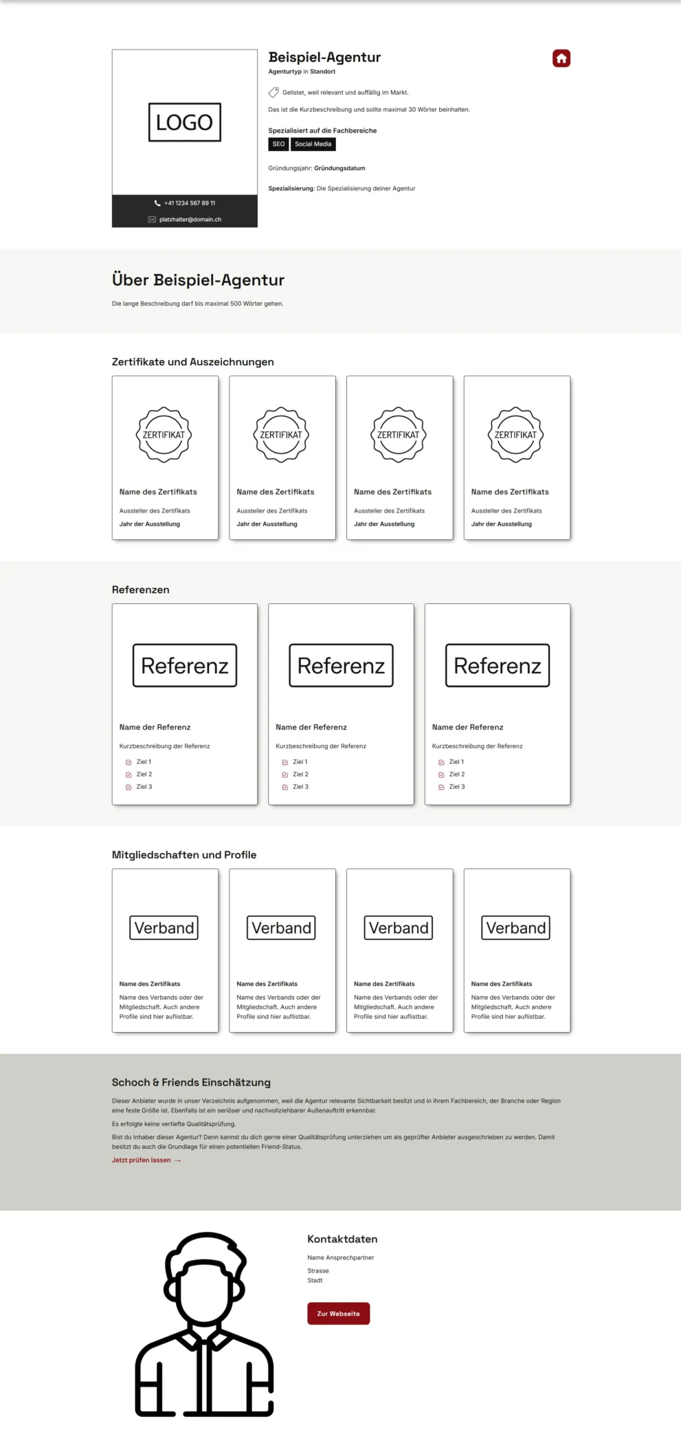 Alt-Tag: Webseite der Beispiel-Agentur mit Zertifikaten, Referenzen und Kontaktdaten.