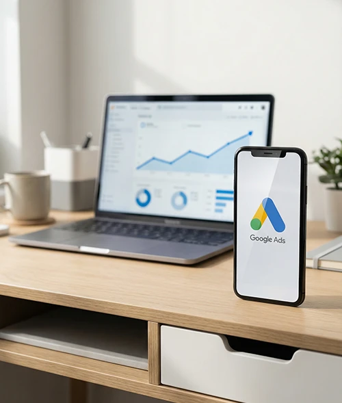 Smartphone mit Google Ads Logo vor Laptop mit Datenanalyse auf Schreibtisch, symbolisiert digitales Marketing und Online-Werbung.