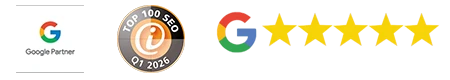 Google Partner Logo, Top 100 SEO Auszeichnung und Google 5-Sterne Bewertung anzeigen Qualität und Expertise in Suchmaschinenoptimierung.
