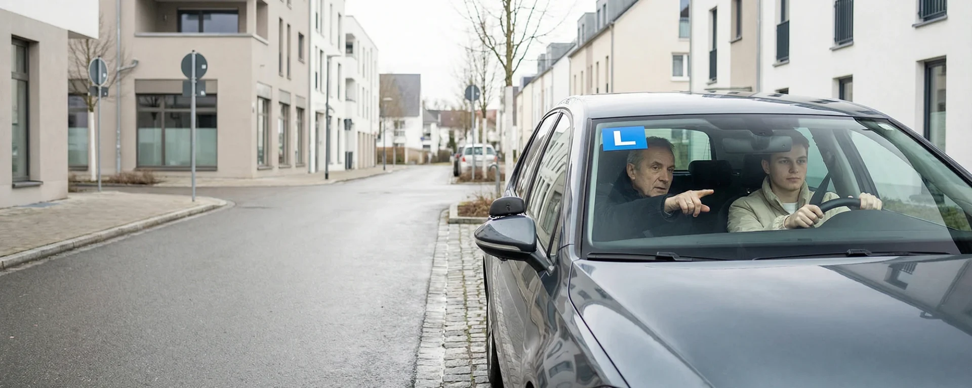 Fahrlehrer erklärt Schüler das Fahren in Wohngegend mit L-Schild am Auto.