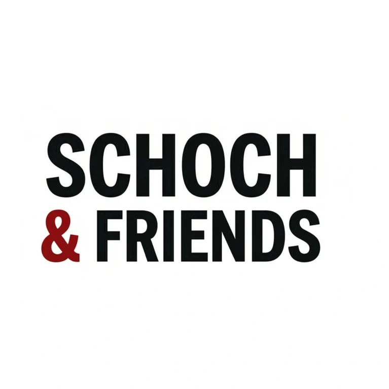 SCHOCH & FRIENDS in schwarzer und roter Schrift auf weißem Hintergrund, modernes Logodesign.