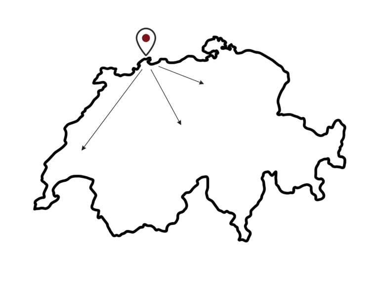 Umriss von Schweiz mit Standortmarker in Lörrach und Pfeilen, die Zielorte in der Schweiz anzeigen.