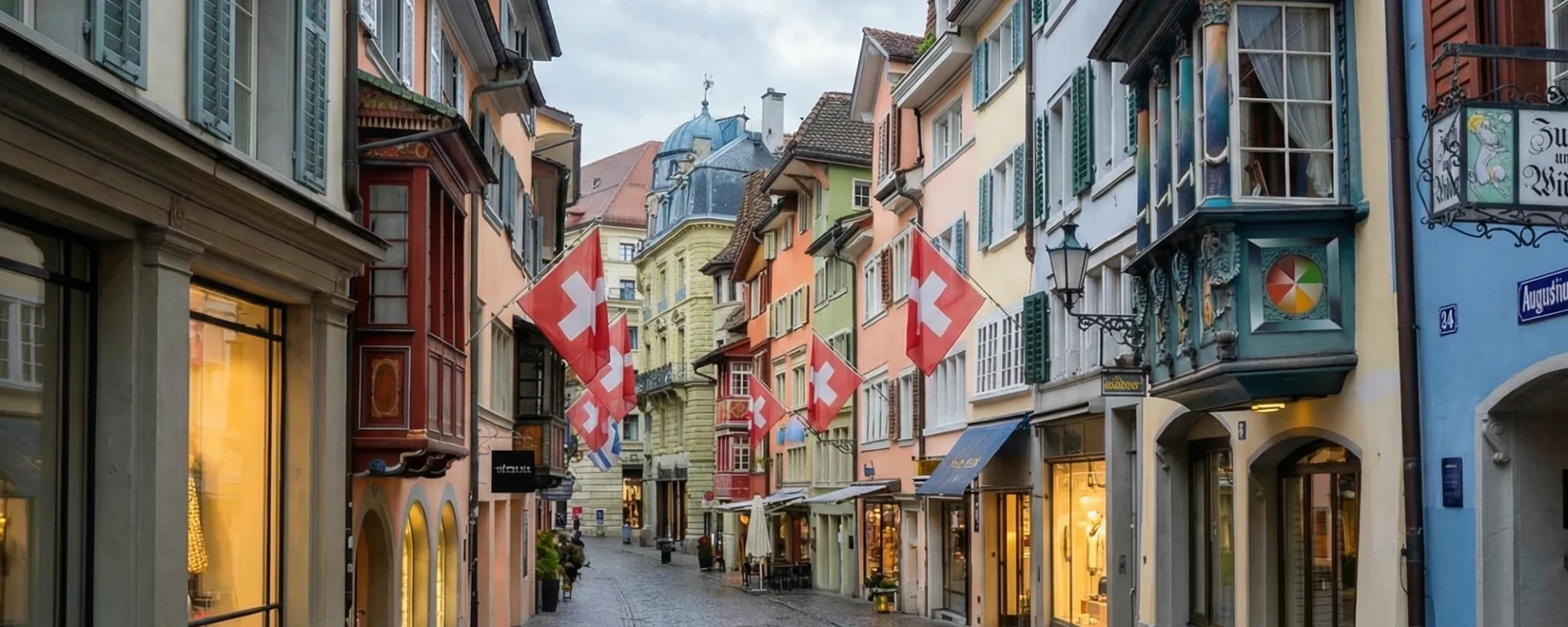 Bunte Altstadtstraße mit Schweizer Flaggen, Geschäften und historischen Fassaden bei bewölktem Himmel.