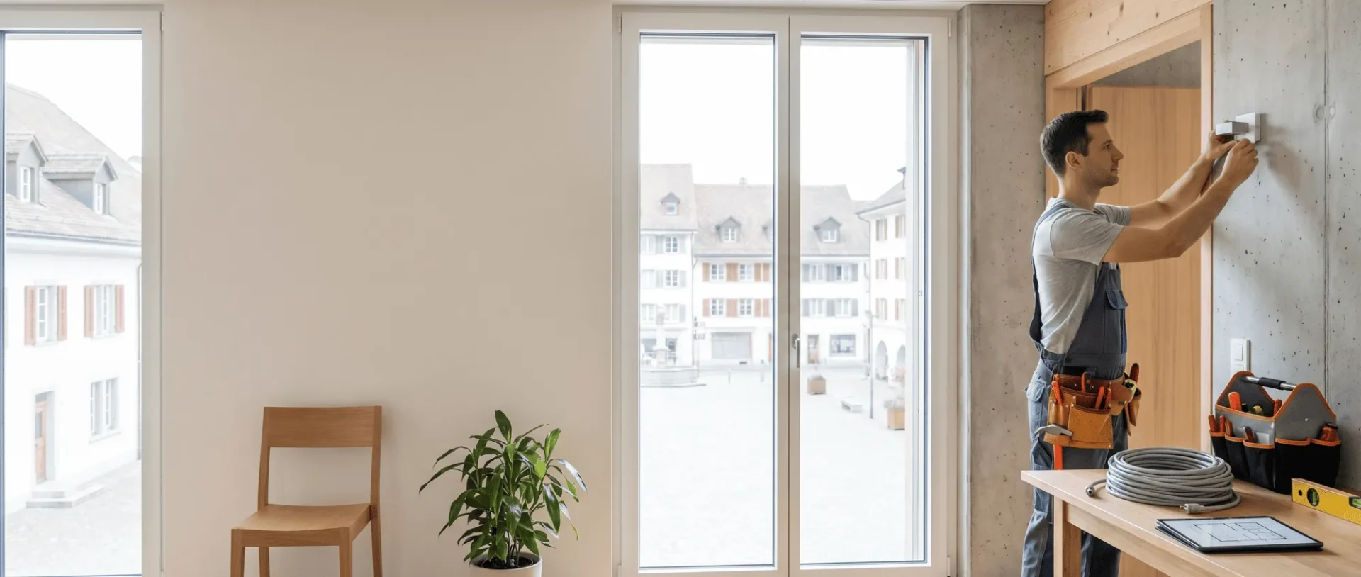Handwerker installiert Thermostat in modernem Raum mit Werkzeugtisch und Blick auf Innenhof.