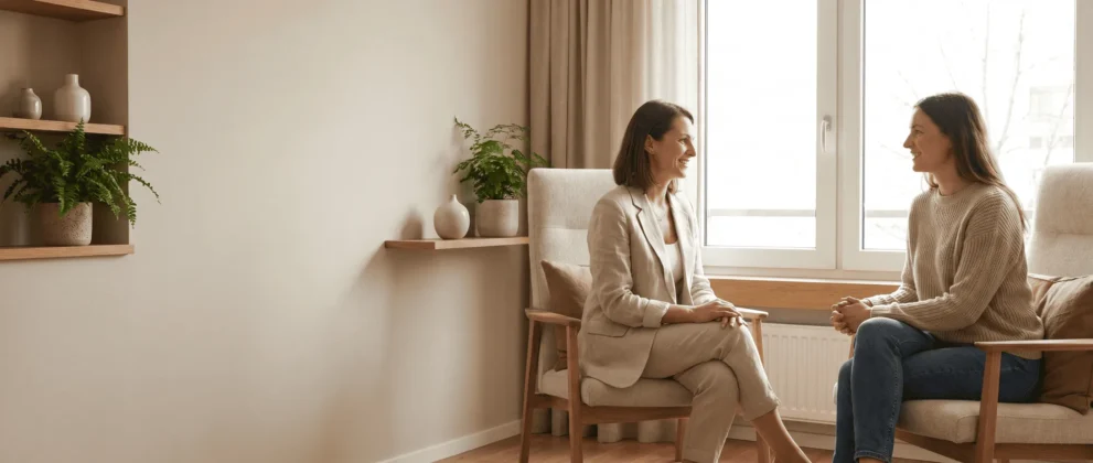 Zwei Frauen sitzen in einem gemütlichen Raum am Fenster und unterhalten sich freundlich. Pflanzen und Regale schmücken die beige Wand.