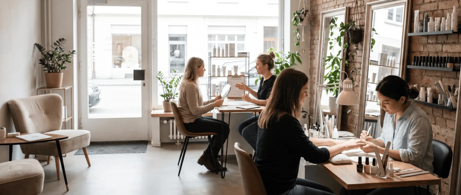Nagelstudio mit Kunden, stilvolles Interieur, Pflanzen, entspannte Atmosphäre, Maniküre-Dienstleistungen, helle Einrichtung, professionelle Pflege.