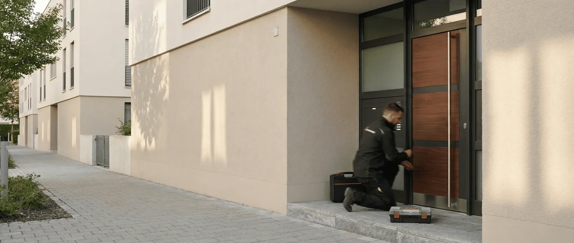 Techniker installiert hochmoderne Eingangstür in Wohngebäude für erhöhte Sicherheit und stilvolles Design.