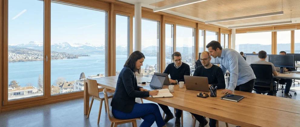 Menschen arbeiten an Laptops in einem modernen Büro mit Panoramablick auf einen See und Berge im Hintergrund.