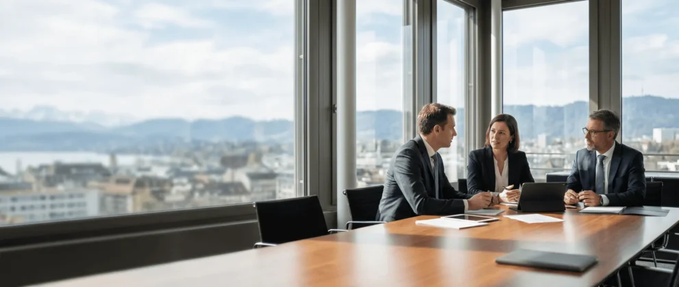 Geschäftstreffen in modernem Büro mit Panoramafenster, drei Personen diskutieren am Konferenztisch; Stadtlandschaft im Hintergrund.