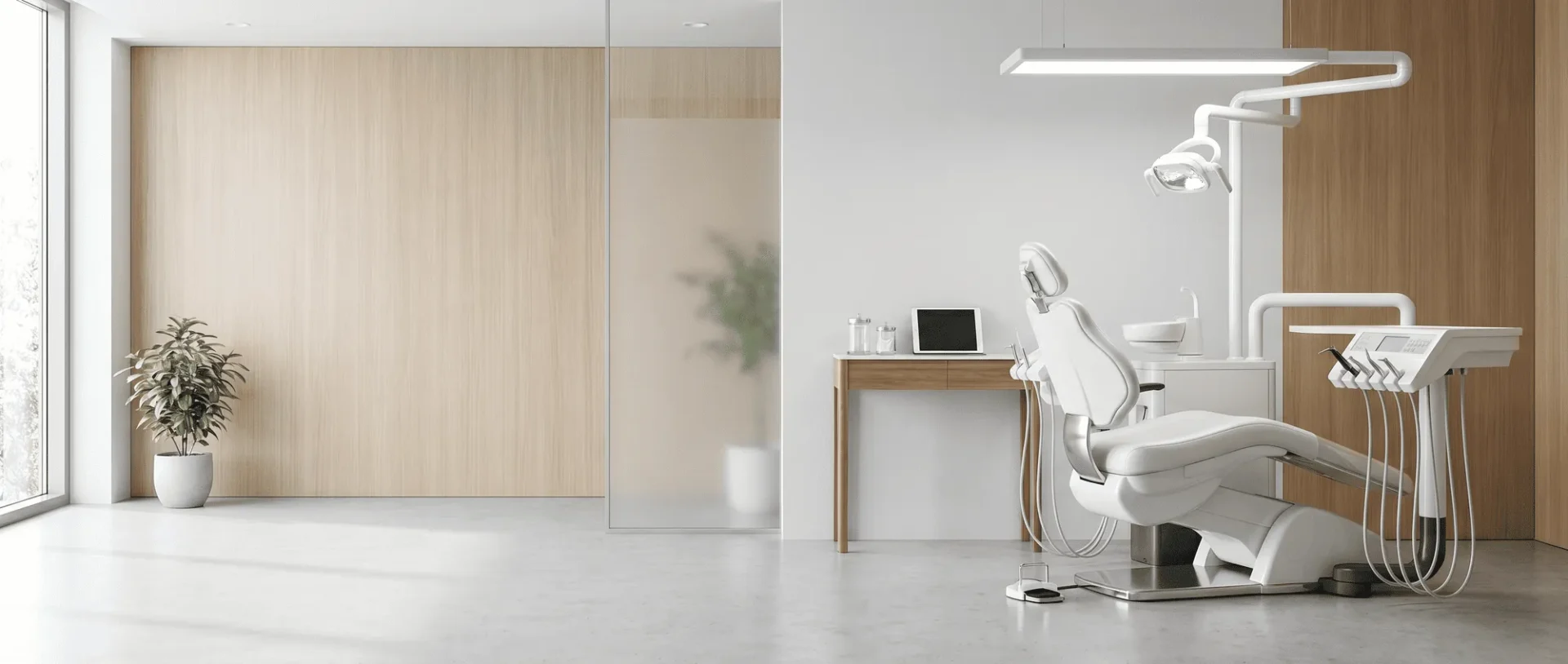 Moderne Zahnarztpraxis mit Behandlungsstuhl, technischen Geräten und minimalistischer Holzoptik.