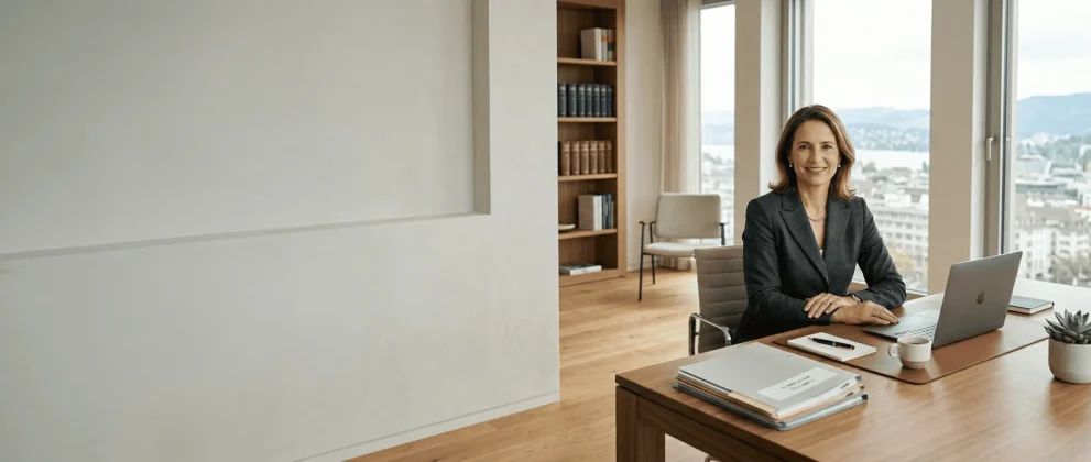 Steuerberaterin sitzt in modernem Büro mit Laptop am Schreibtisch, Fenster im Hintergrund zeigt Stadtansicht.