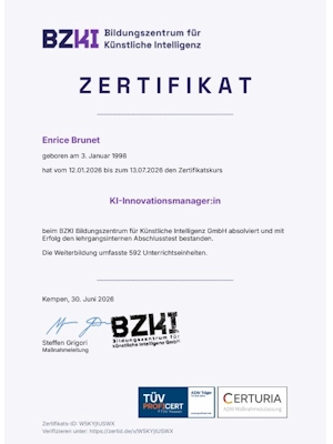 Zertifikat vom BZKI für KI-Innovationsmanager:in, ausgestellt am 30. Juni 2026 Enrice Brunet
