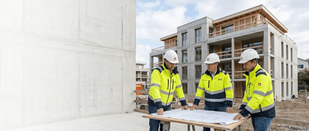 Bauleiter besprechen Baupläne auf Baustelle, moderne Gebäude im Hintergrund, tragen Schutzhelme und Sicherheitsjacken.