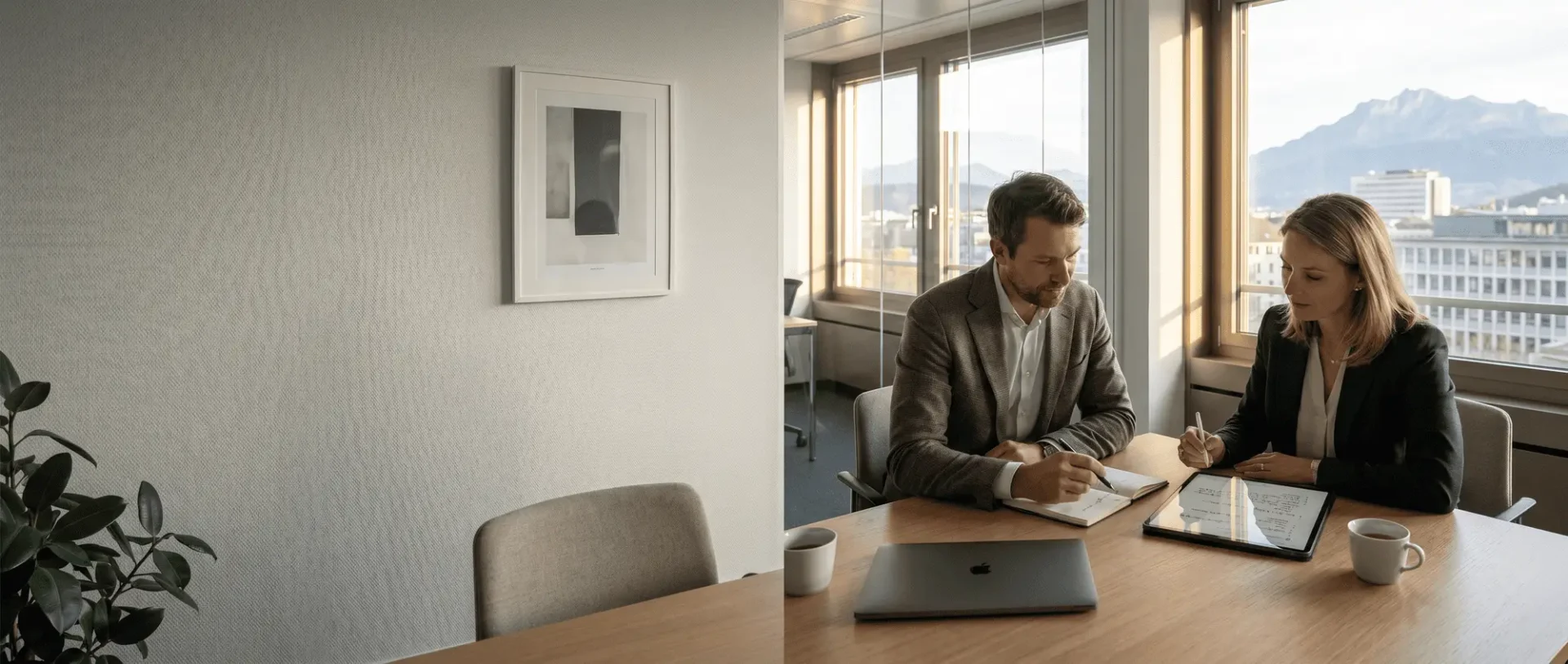 Zwei Personen beim Geschäftstreffen in modernem Büro, Laptop und Notizen auf dem Tisch, Bergblick im Hintergrund.