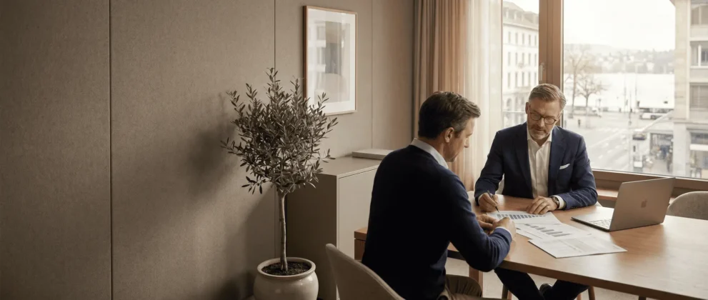 Zwei Männer bei einem Business-Meeting in modernem Büro mit Stadtblick im Hintergrund.