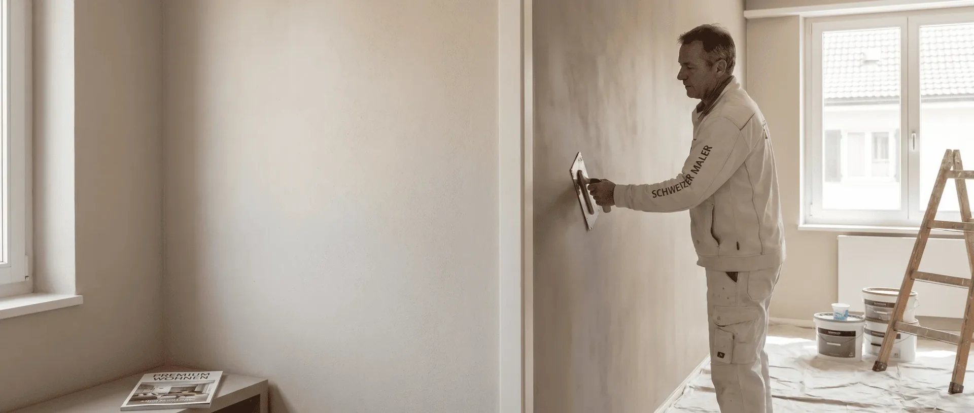 Maler bei der Arbeit, verputzt Wand in einem hellen Raum mit Fenster und Leiter im Hintergrund.