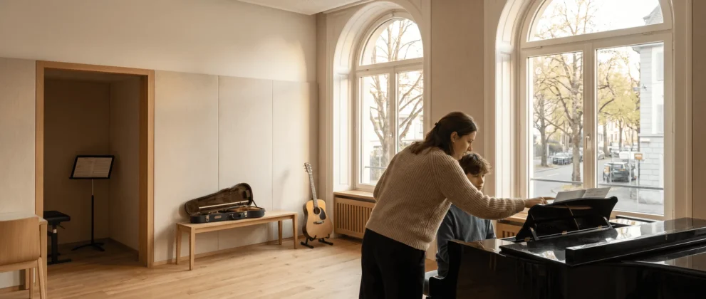 Lehrerin gibt Klavierunterricht in hellem Musikraum mit großen Fenstern, einer Gitarre und einem Geigenkoffer.