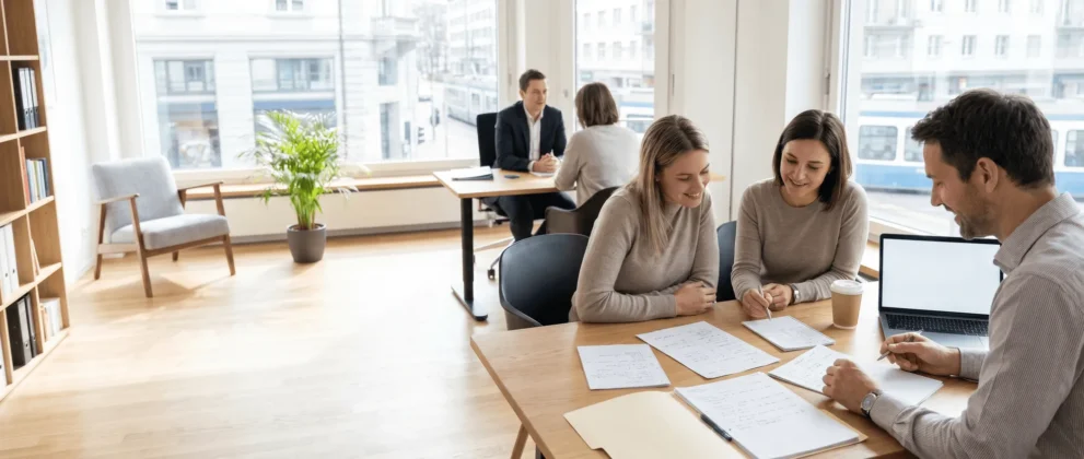 Büroarbeitsteam bei einer Besprechung, konzentriert auf Dokumente und Notizen, mit Fensterblick in einem modernen, hellen Arbeitsbereich.