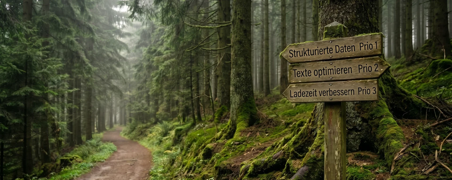 Wegweiser für SEO: Strukturierte Daten, Textoptimierung und Ladezeit als Prioritäten auf Holzschildern.