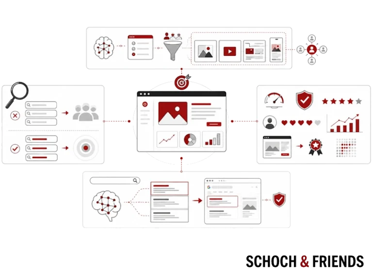 Diagramm zeigt digitalen Marketing-Workflow mit SEO-Strategien, Zielgruppenanalyse und Performance-Bewertung.
