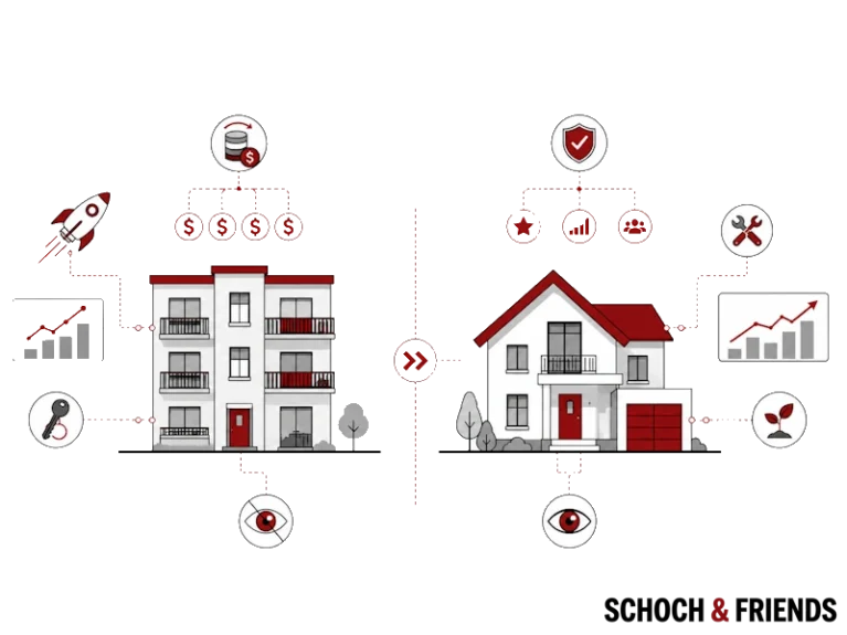 Zwei Gebäude im Vergleich: Mehrfamilienhaus links, Einfamilienhaus rechts, mit Symbolen für finanzielle und technische Aspekte.