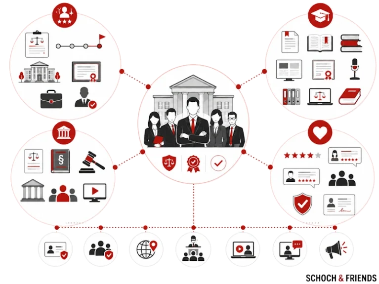 Illustration von Anwaltskanzlei mit Vernetzungsthemen: Ausbildung, Bewertungen, rechtliche Beratung, und digitale Kommunikation.