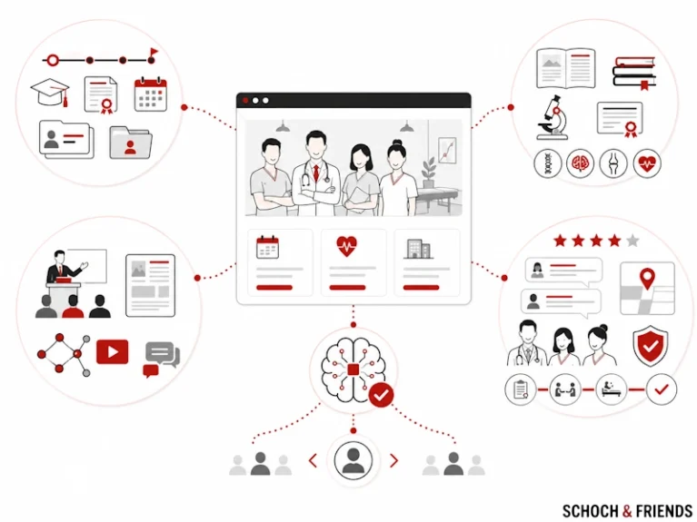Medizinisches Netzwerk-Infografik: Ärzte in der Mitte, umgeben von Weiterbildung, Bewertungssystem, Digitalisierung und Patientendaten.