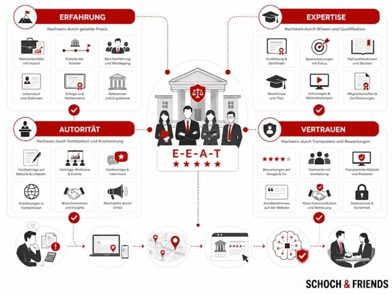Diagramm zeigt E-E-A-T-Konzept: Erfahrung, Expertise, Autorität, Vertrauen für erfolgreiche Online-Strategien in Anwaltskanzleien.