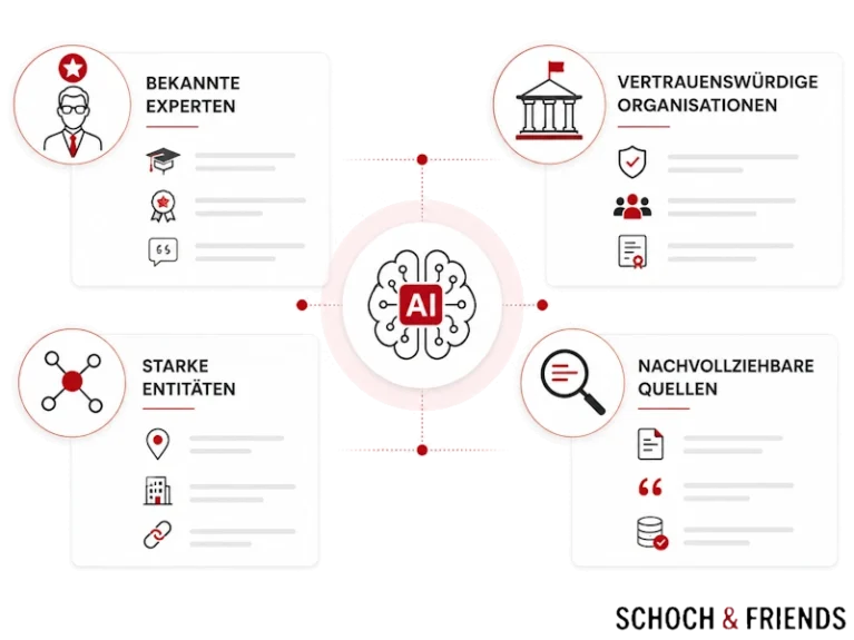 Grafik über die Vernetzung von KI mit Experten, Organisationen, Quellen und Entitäten zur Gewährleistung von Vertrauenswürdigkeit und Nachvollziehbarkeit.
