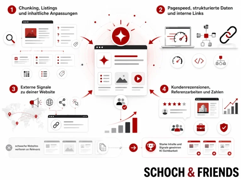 Optimierungsschritte für Websites: Chunking, Pagespeed, externe Signale und Kundenbewertungen. Visuelle Darstellung von SEO-Strategien.