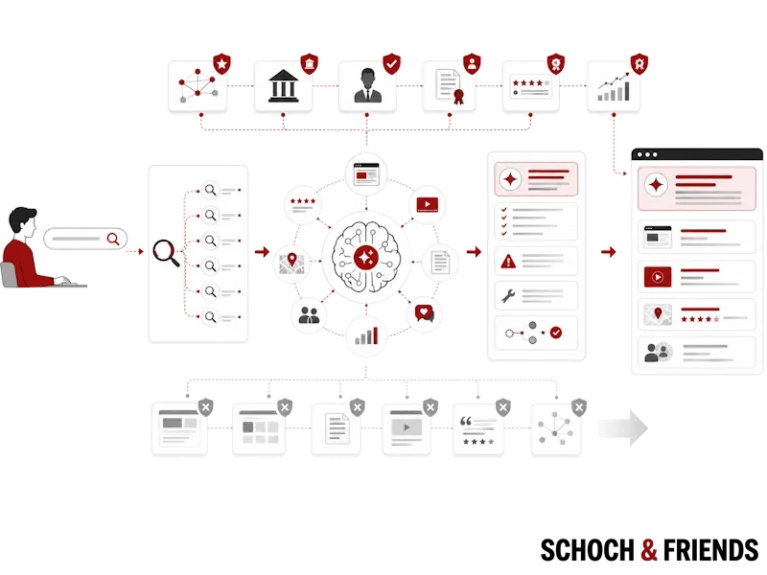 Benutzer sucht mit Desktop, Analyse-Reihenfolge mit SEO-Elementen, Optimierungsmaßnahmen und Ergebnisdarstellung auf einer Website.