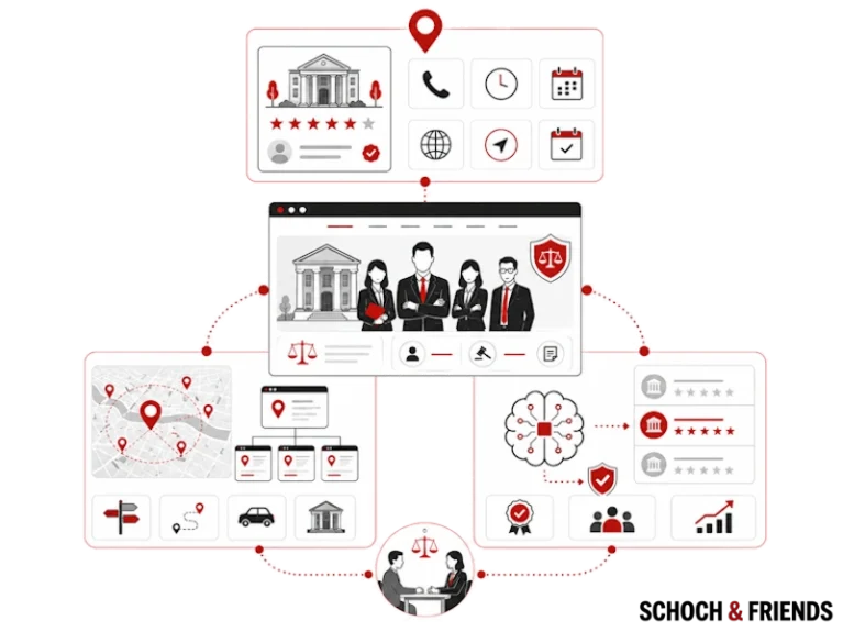 Illustration eines Anwaltsnetzwerks mit Icons und Verbindungen, die Services, Bewertungen, Standort und Kontaktinformationen darstellen.