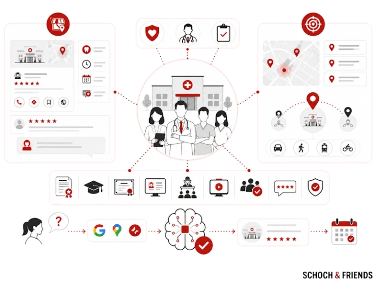 Illustration eines vernetzten Gesundheitssystems mit Ärzten, Karten und Bewertungssymbolen zur Optimierung von Patienten- und Klinikinteraktionen.
