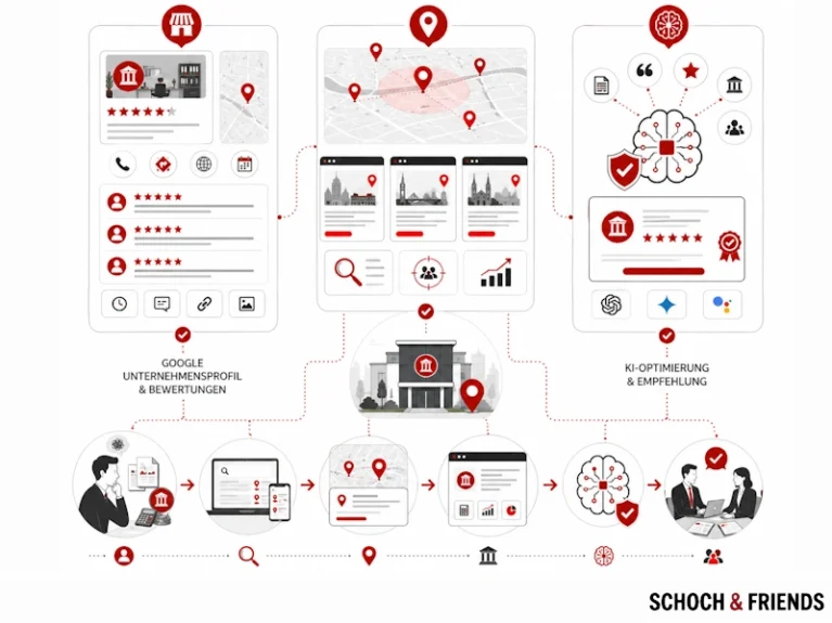 Diagramm zu Google Unternehmensprofil, Bewertungen, KI-Optimierung und Suche mit Standortdaten.