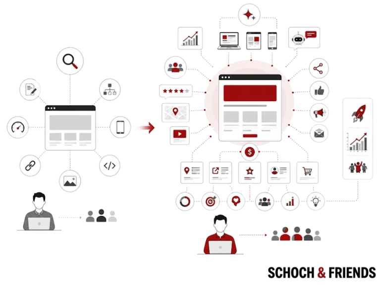 Diagramm zur SEO-Strategie mit Symbolen für Analysen, Content-Optimierung, Zielgruppenansprache und Performance-Messung.